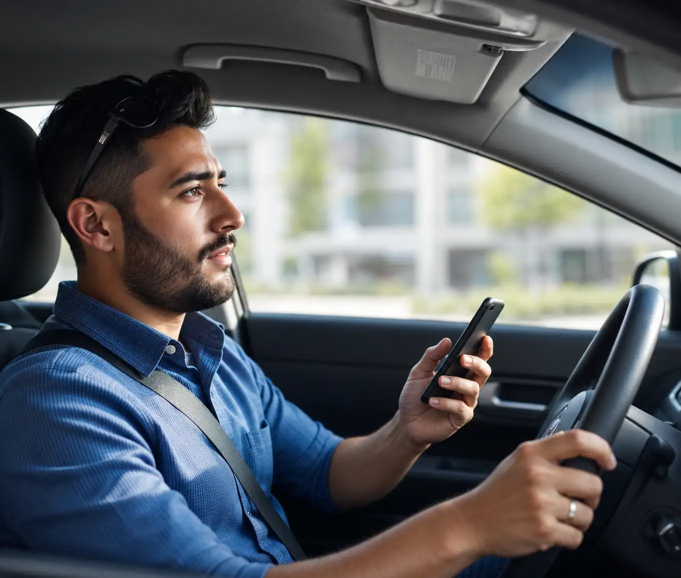 Motorista de aplicativo dirigindo e verificando o celular