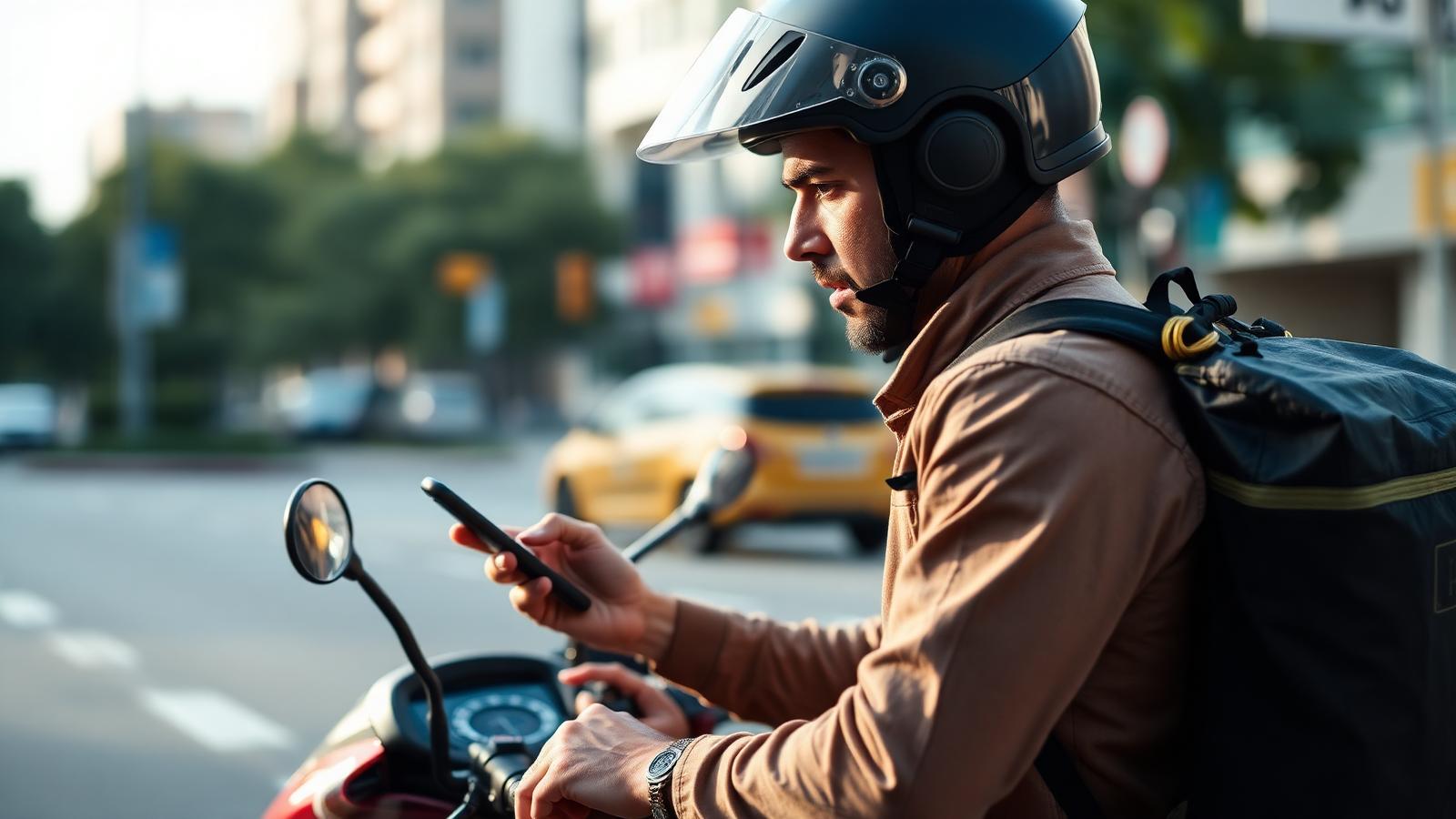 Entregador de aplicativo verificando o celular após bloqueio da conta